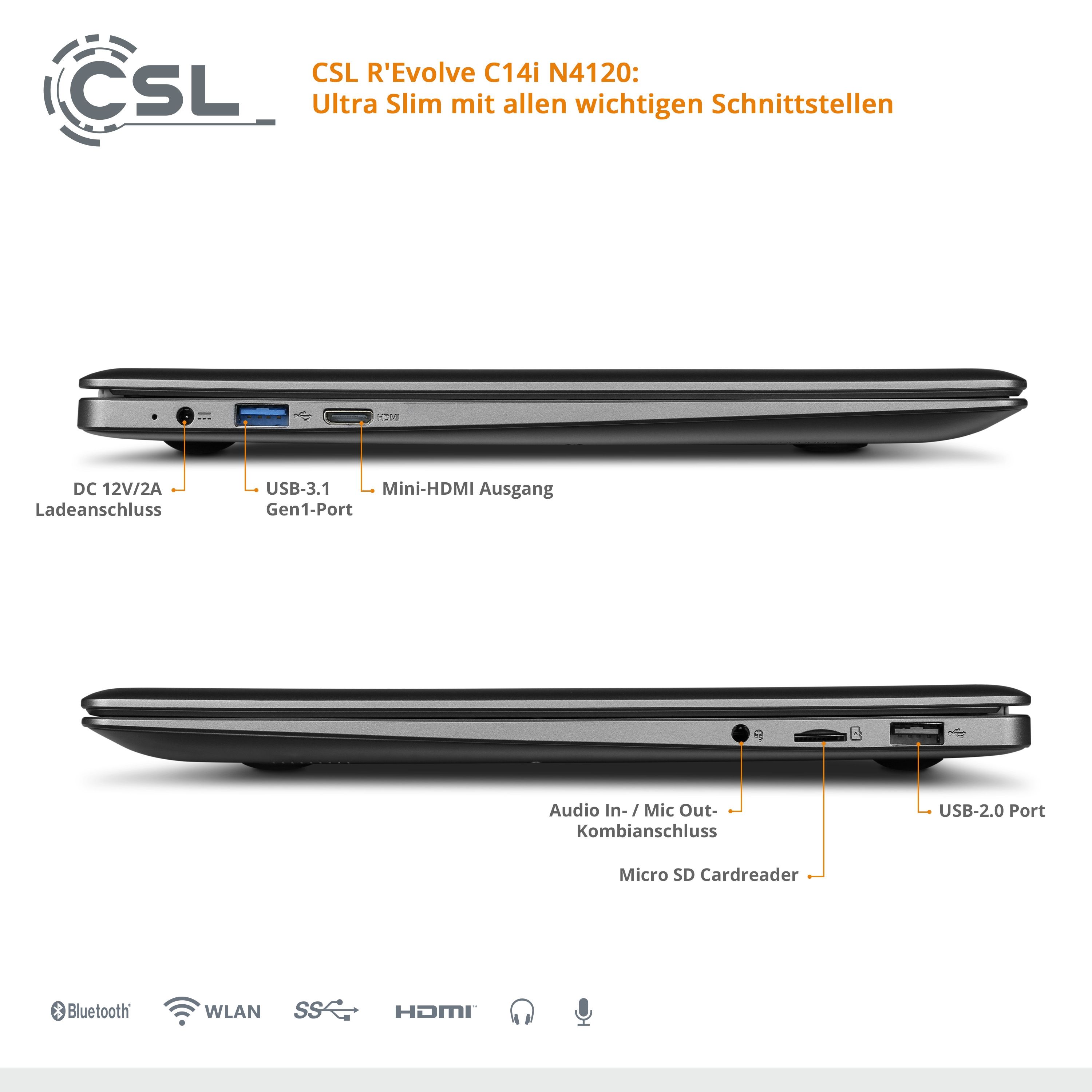 Notebook CSL R'Evolve C14i v2 Windows 11 Pro | Intel Quad-Core N4120 | 4GB RAM | 64GB eMMC