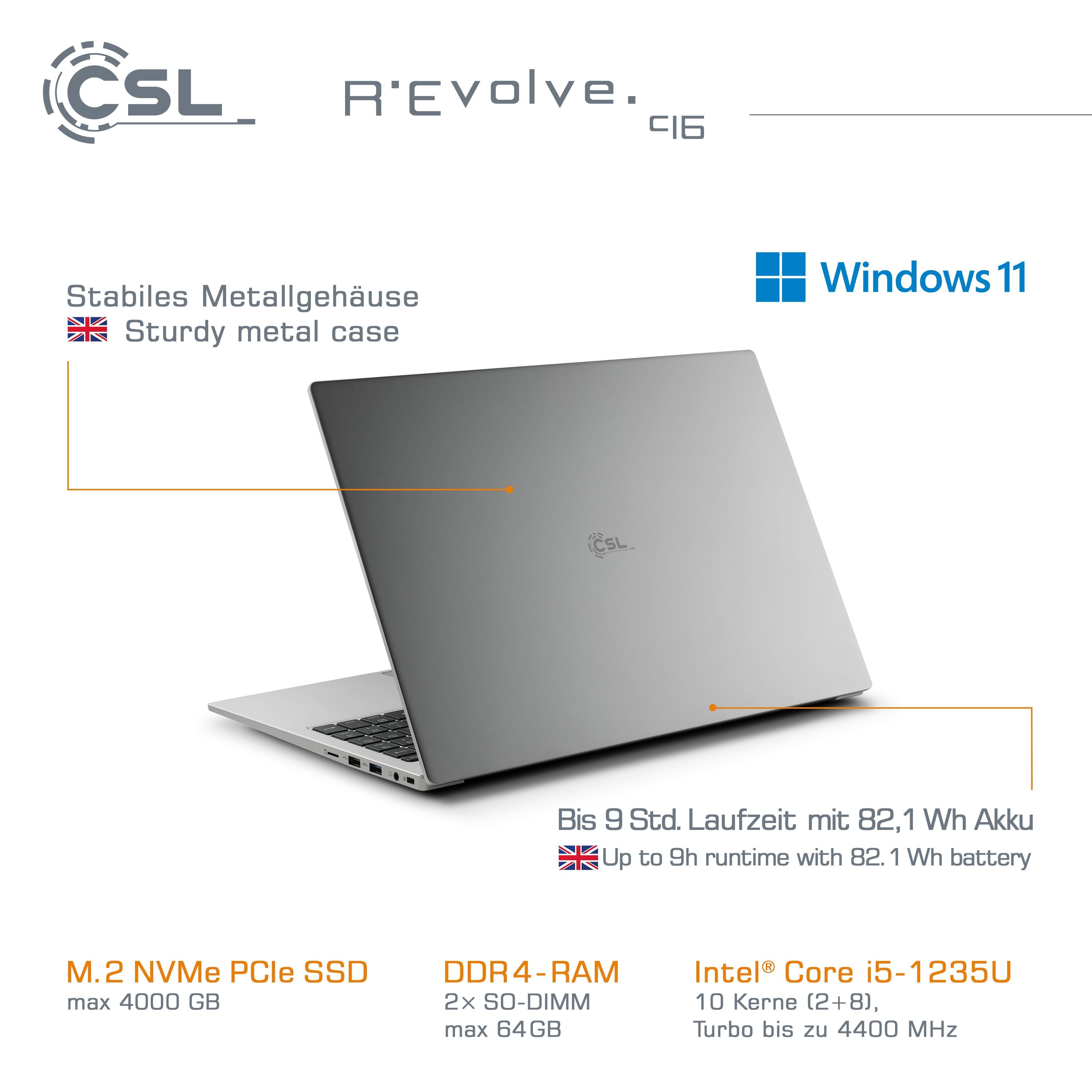 Notebook CSL R'Evolve C16 | Windows 11 Home | Intel Core i5 1235U | 16GB RAM | 1000GB SSD